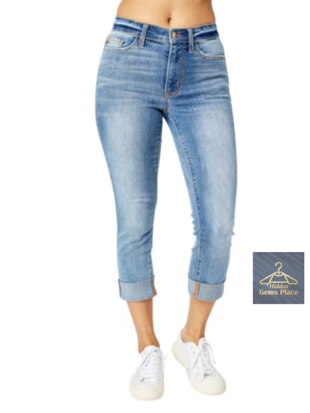 Mid Rise Cuffed Skinny Capri Jeans 4-Way Stretch Cotton Blend